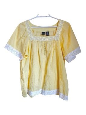 Vintage Basic Edition’s Lace Trim Peasant Blouse Yellow Size XL Square Neck Boho